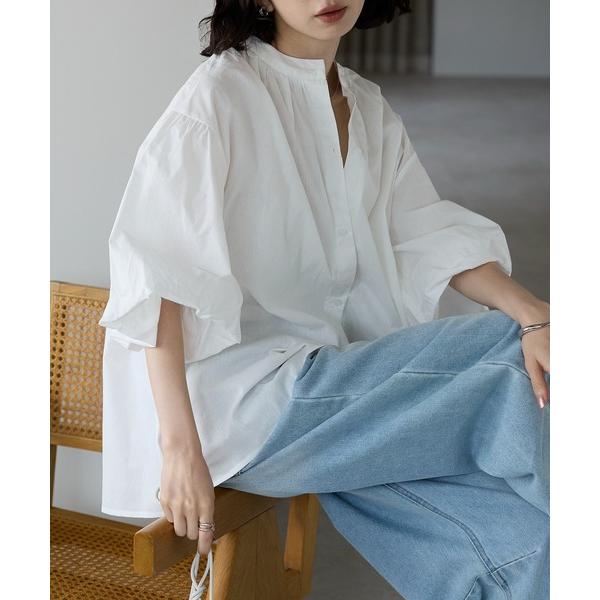 ブラウス シャツ スタンドカラー5分袖バルーンスリーブコットンブラウス レディース