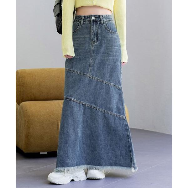 デニムスカート 「大きいサイズ有」程よいくびれライン。斜め切り替え×フリンジデニムマーメイドスカート...