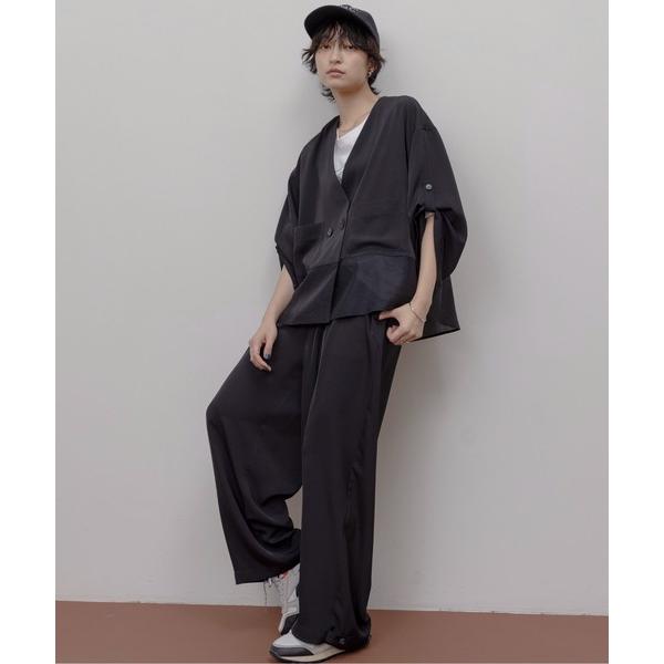 セットアップ ヘムシアーノーカラーブラウスジャケット＆とろみパンツ セットアップ レディース