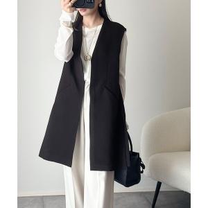 ベスト ジレ 足し算でファッションを楽しむ♪大人のレイヤードアイテム。フラップポケット付きロングジレ（セットアップ可能） レディース