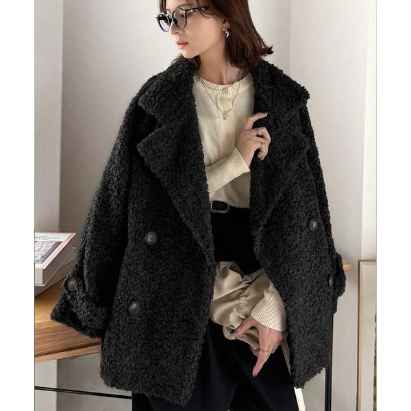 ステンカラーコート コート ふんわり包まれる贅沢な季節感。スタンドカラープードルボアダブルコート レ...