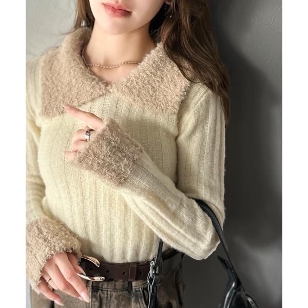 ニット セーター 「mily bilet」可愛さ、ふわり2倍増し配色ファー衿リブニットプルオーバー（...