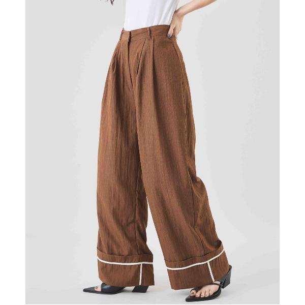 ワイドパンツ パンツ 裾配色パイピング　タックワイドパンツ レディース