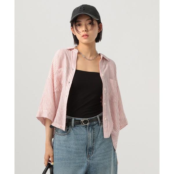 ブラウス シャツ リネンクロップド半袖シャツ レディース