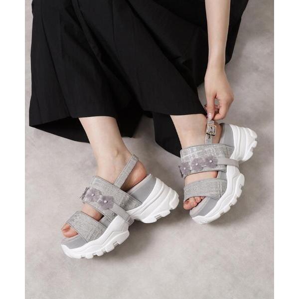 サンダル ツイード風フラワーベルトスポサン レディース