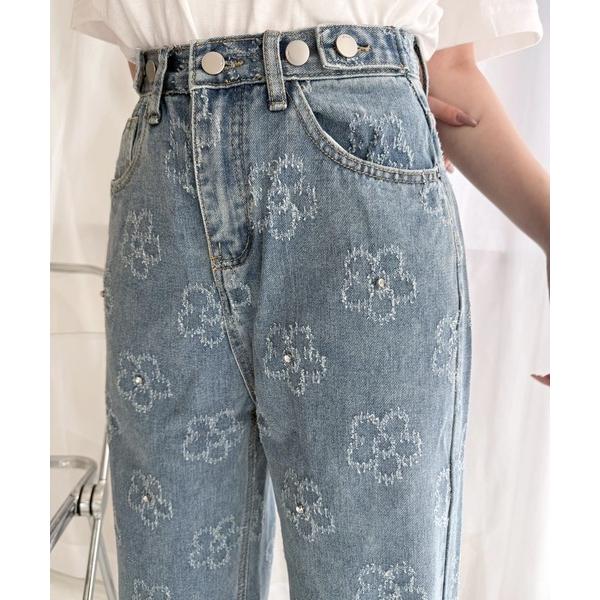 ワイドパンツ ジーンズ デニム デニムパンツ ビジューフラワーモチーフデニムパンツ レディース
