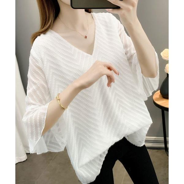 ブラウス シャツ トランペットスリーブが華やかなVネックシフォンブラウス レディース