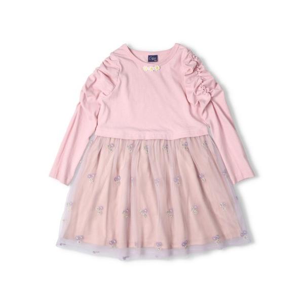 ワンピース 花柄チュールスカート長袖ワンピース キッズ 子供服 女の子