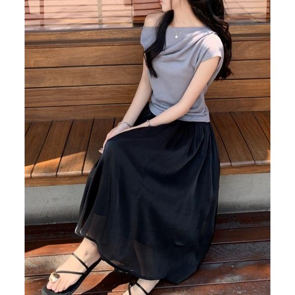 スカート オフィスカジュアルレイヤードシアーシャイニープリーツスカート