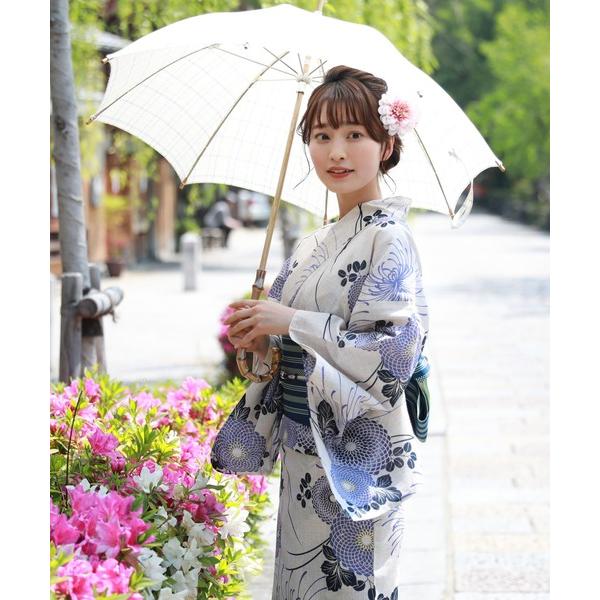 浴衣 変わり織り綿麻浴衣3点セット「生成り地に紫の乱菊と丸菊」 レディース