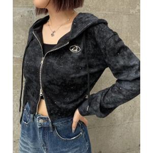 パーカー プレート付ショート丈ラメフードジップパーカー レディース