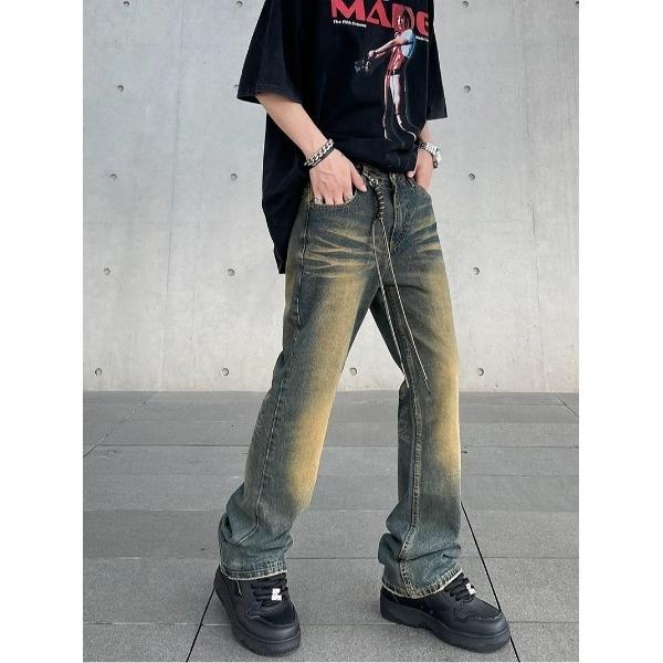 ジーンズ ストラップ付ビンテージライク ブーツカットデニムパンツ メンズ