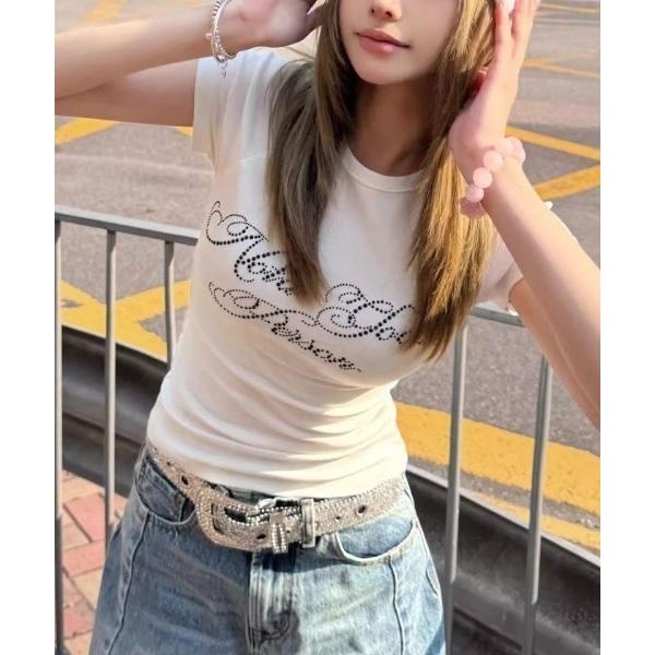 tシャツ ラインストーンロゴ美シルエット半袖Tシャツ レディース