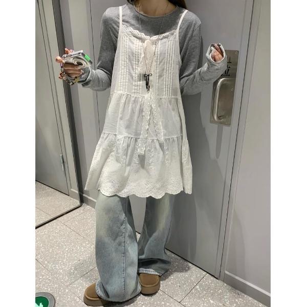 ワンピース 夏 レースリボン付きミニ丈キャミワンピース