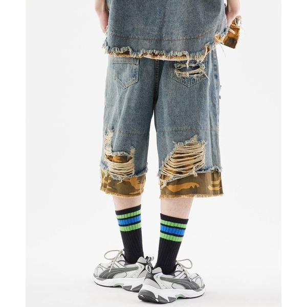 ジーンズ Damaged camouflage half denim pants/迷彩デザイン ダメ...
