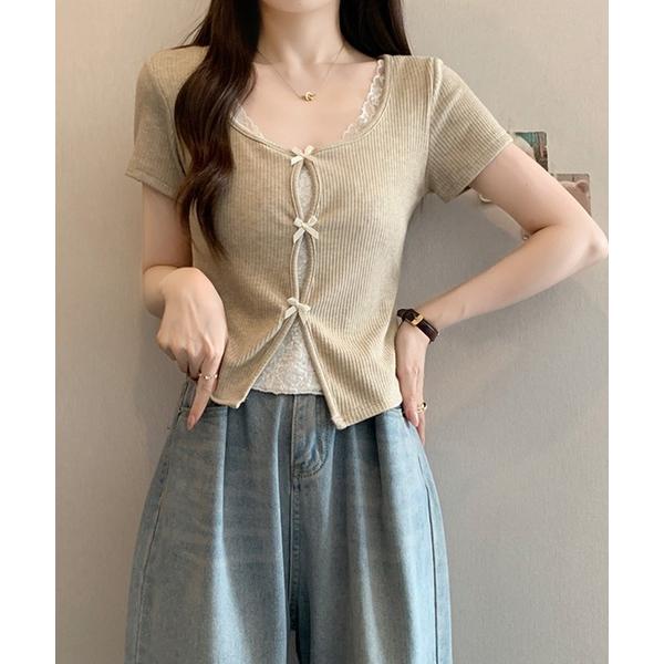 tシャツ リボン付きレイヤード風カットソー レディース