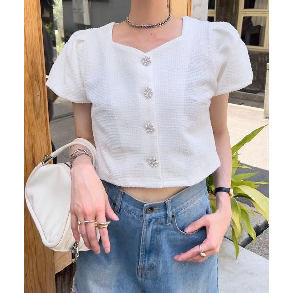 ジャケット ノーカラージャケット ストレッチツイードバルーンスリーブショートジャケット レディース