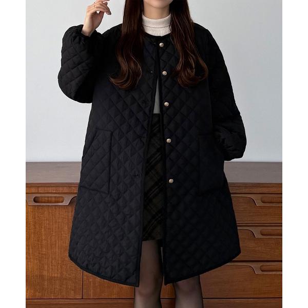 ノーカラーコート コート 金ボタンノーカラーキルティングコート レディース