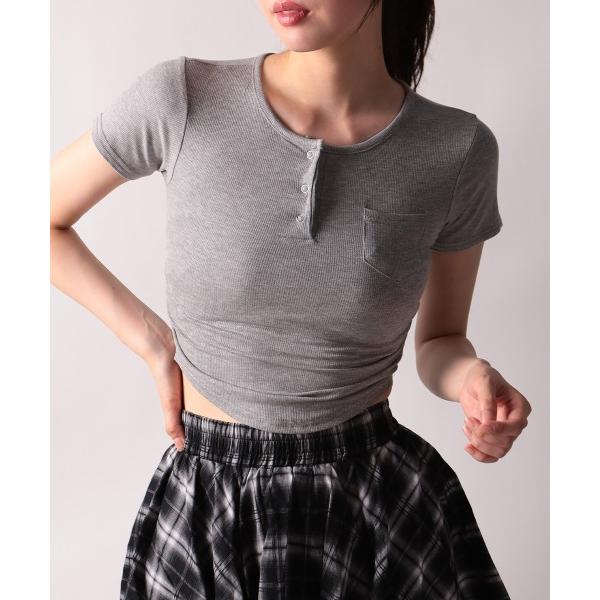 tシャツ リブヘンリーネック半袖Tシャツ レディース
