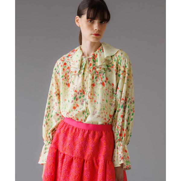 ブラウス シャツ BEAUVET 水彩プリントリボンブラウス レディース