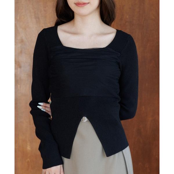 ニット セーター square decollete tulle knit tops（スクエアデコルテ...