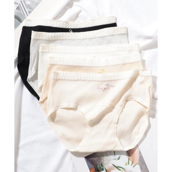 ショーツ 「5枚セット」プチリボン ソリッドカラー リブ ミドル ショーツ
