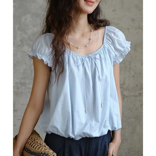ブラウス シャツ フロント リボン ギャザー 裾バルーン パフスリーブ ブラウス レディース