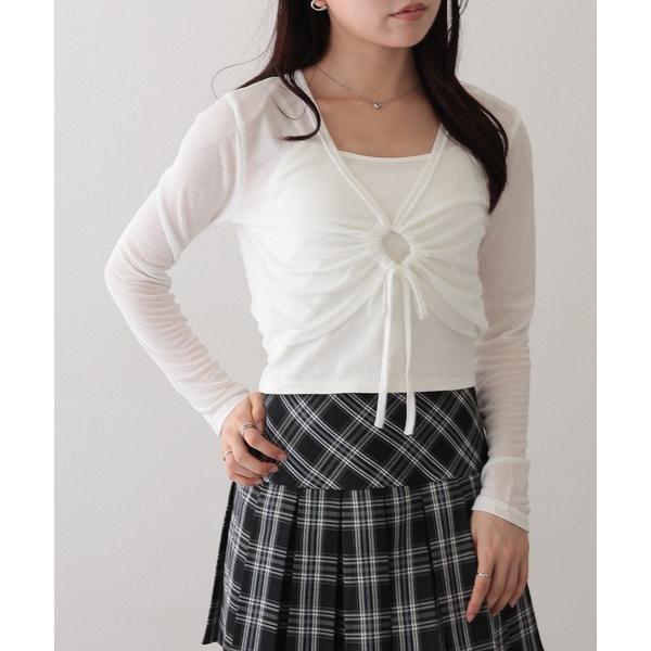 アンサンブル フロント ドロスト 長袖 ショート トップス キャミソール 2点セット