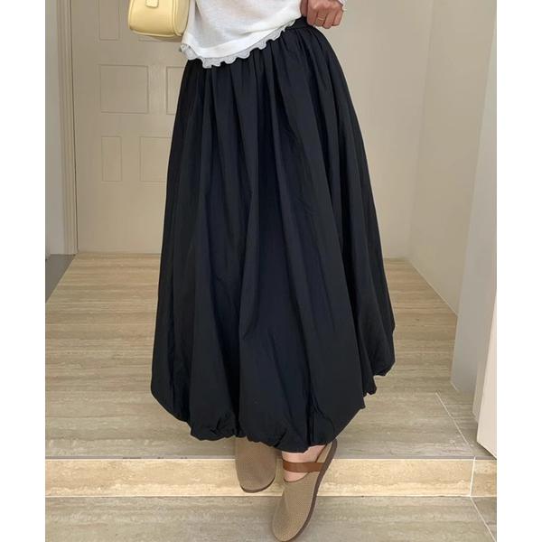 スカート ソリッドカラー ギャザー バルーン ロング スカート