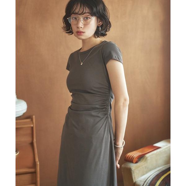 ワンピース side gather cut long dress /サイドギャザー半袖カットロングド...