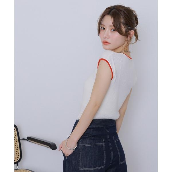 ニット セーター bicolor french sleeve rib knit /配色パイピングリブ...