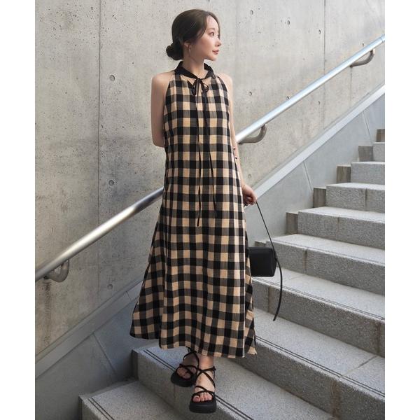 ワンピース neck ribbon check long dress /ネックリボンチェック柄ロング...