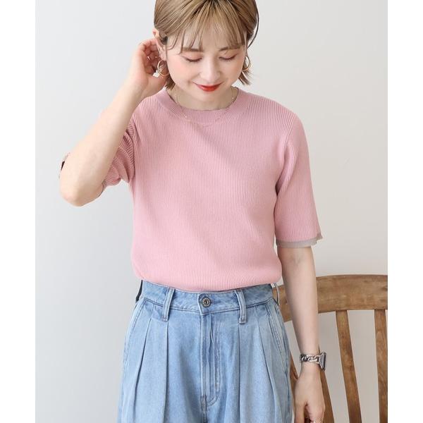 ニット セーター 袖口バイカラー半袖ニットプルオーバー レディース