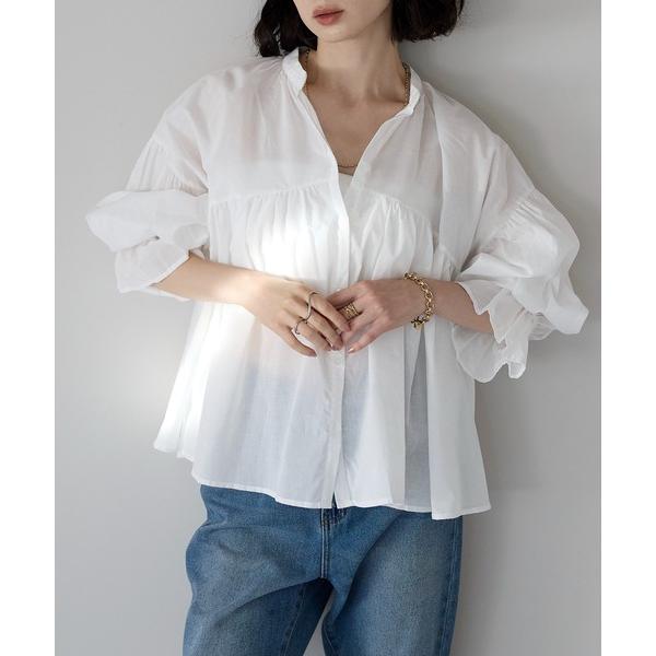 ブラウス シャツ スタンドカラーキャンディースリーブコットンブラウス レディース