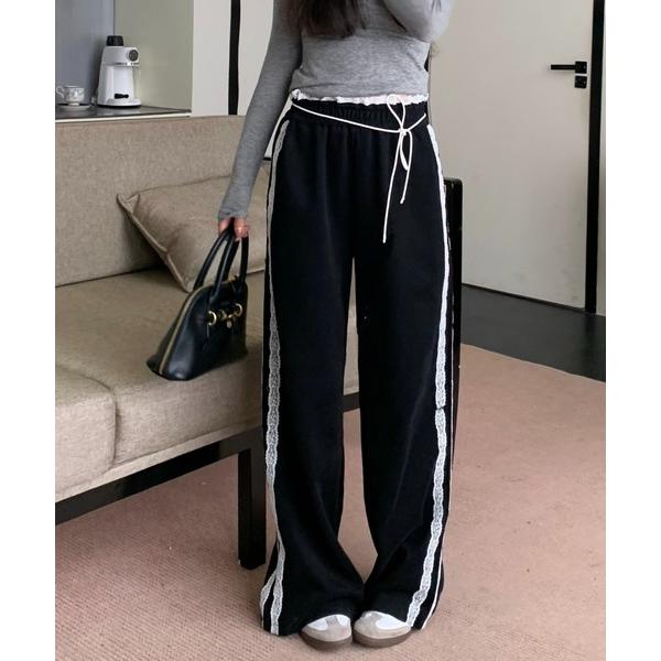スウェットパンツ ジャージ 韓国風サイドレースラインスウェットパンツ リラックス ウエスト紐つき レ...