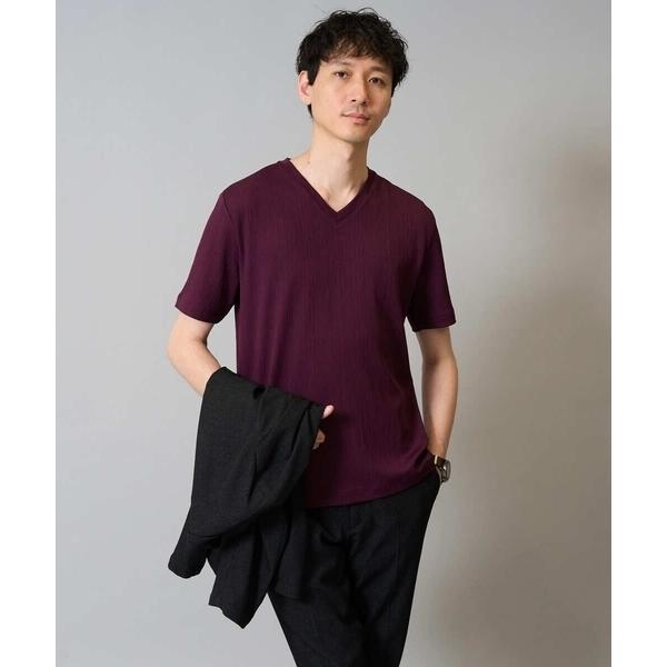 tシャツ 「イージーケア/接触冷感/毛玉になりにくい」ストライプジャカードＶネックカットソー「SMA...