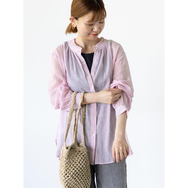 ブラウス シャツ 先染めストライプフリル衿シャツ レディース