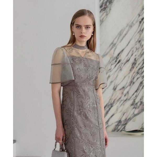 ドレス 「LEJA」スパンコールフラワーIラインワンピースドレスワンピース美脚効果結婚式 パーティー...