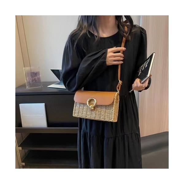 ショルダーバッグ バッグ 上品なレザー調×かごショルダーバッグ レディース