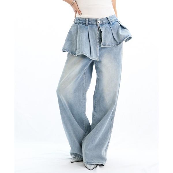 ワイドパンツ ジーンズ デニム デニムパンツ ミニスカートドッキングルーズデニムパンツ レディース