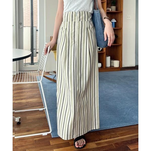 スカート マルチストライプ柄ハイウエストロングスカート