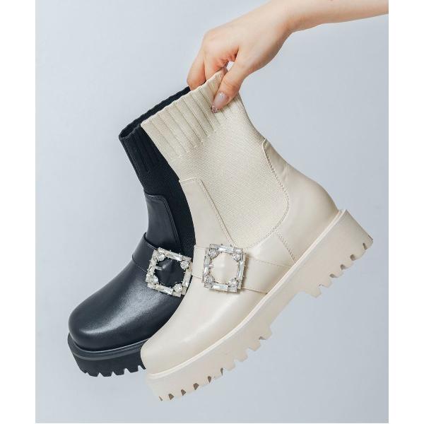 ブーツ 「S-LLサイズ展開・軽量」ビジューバックルニットショートブーツ IZ5770 レディース