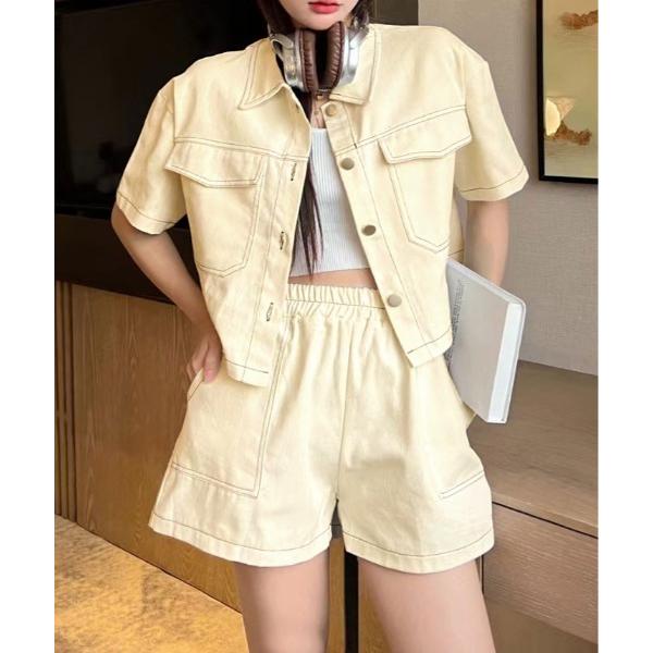 セットアップ ステッチ 半袖 シャツ ジャケット+ショートパンツ セットアップ レディース