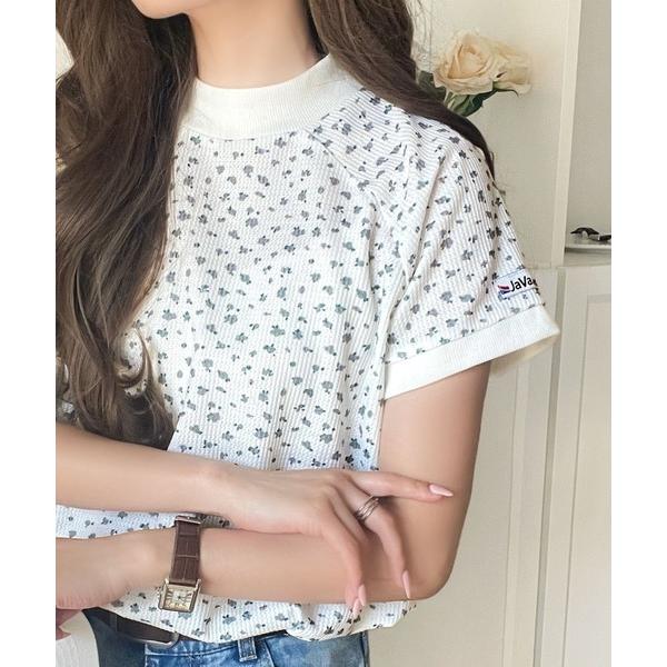 tシャツ 「JaVaジャバコラボ」甘さひかえめ、こなれガーリー♪ 小花柄ワッフル素材 ラグランフレン...