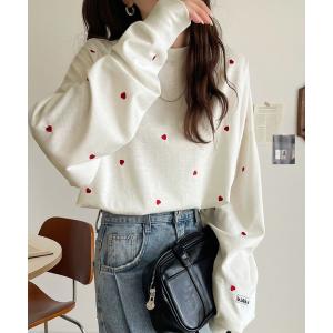 tシャツ 「JaVaジャバコラボ」“可愛い”がさりげなく溶け込む。袖ネーム付きミニハート総刺繍Tシャツ(長袖) レディース