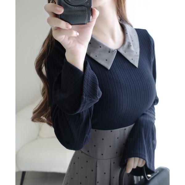 ワンピース 「mily bilet」新色追加！清楚見えする切り替え配色フレア袖ドッキングワンピース（...