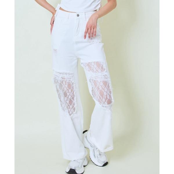 ジーンズ デニム デニムパンツ 「レース×クラッシュ加工」レディース ワイドデニムパンツ 個性派 映...