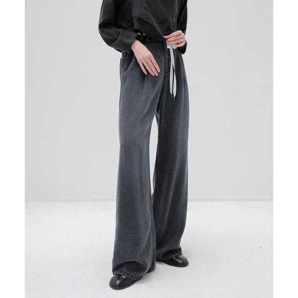 ジーンズ デニム デニムパンツ lyocell black denim tuck wide pant...