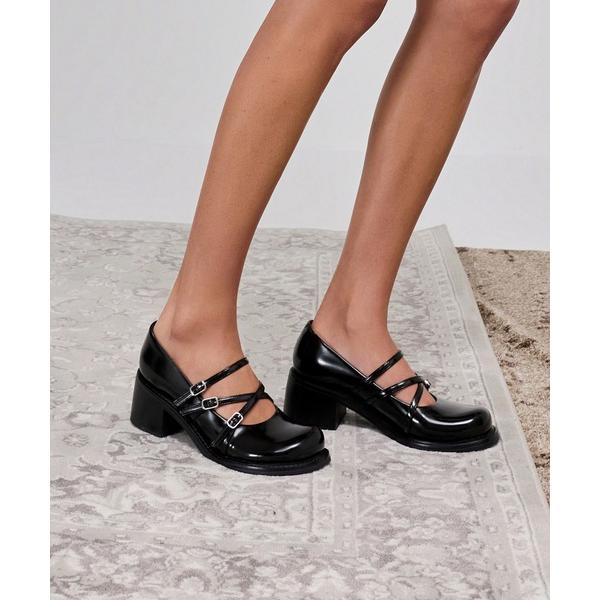 パンプス トリプルストラップ クロスオーバーブロックヒールメリージェーン