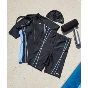 水着 「FILA/フィラ」レディース配色フルジップ半袖タンキニセパレートフィットネス水着4点セット　キャップ＆ミラーゴーグル付き レディース
